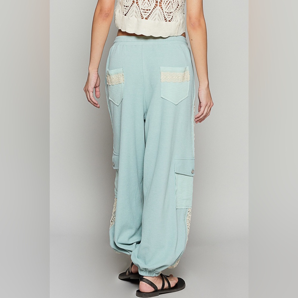 POL lace pants boho joggers teal blue green pockets drawstring - Picture 9 of 9